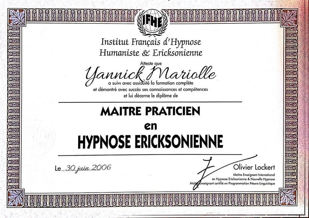 yannick diplome hypnose ericksonnienne